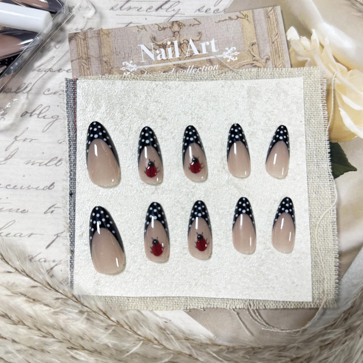 IMRAIN Press on Nails Almond - Medium Black French Tip Fake Nails with Polka Dot & Ladybug Designs, Glossy Full Cover False Nails, 24Pcs Nail Kit for Women Manicure