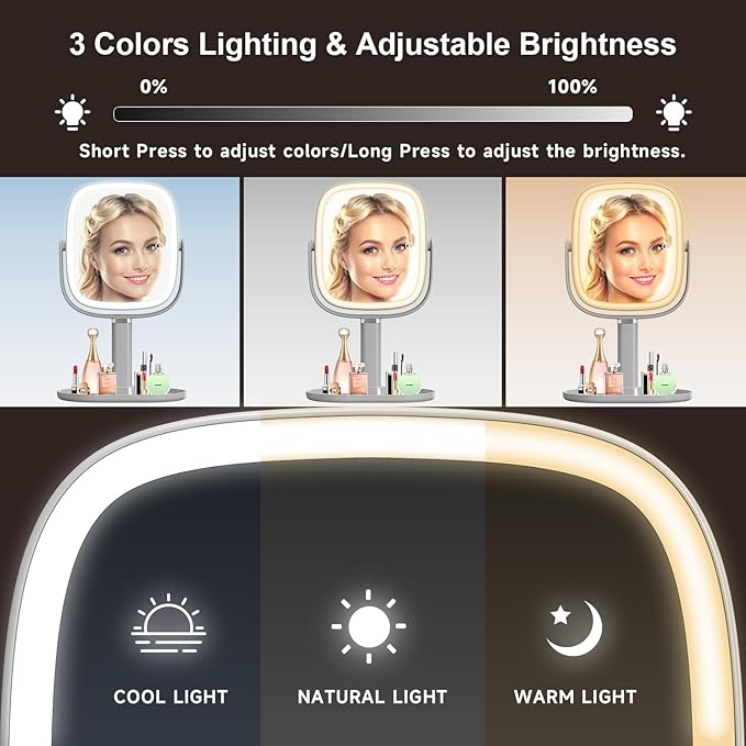 Mocado Makeup Mirror with Lights, 1X/20X Magnifying Mirror with Light, Vanity Mirror with 3 Colors Lights, Height Adjustable Lighted Makeup Mirror, Double Sided 360°Rotation, Memory Function (Grey)