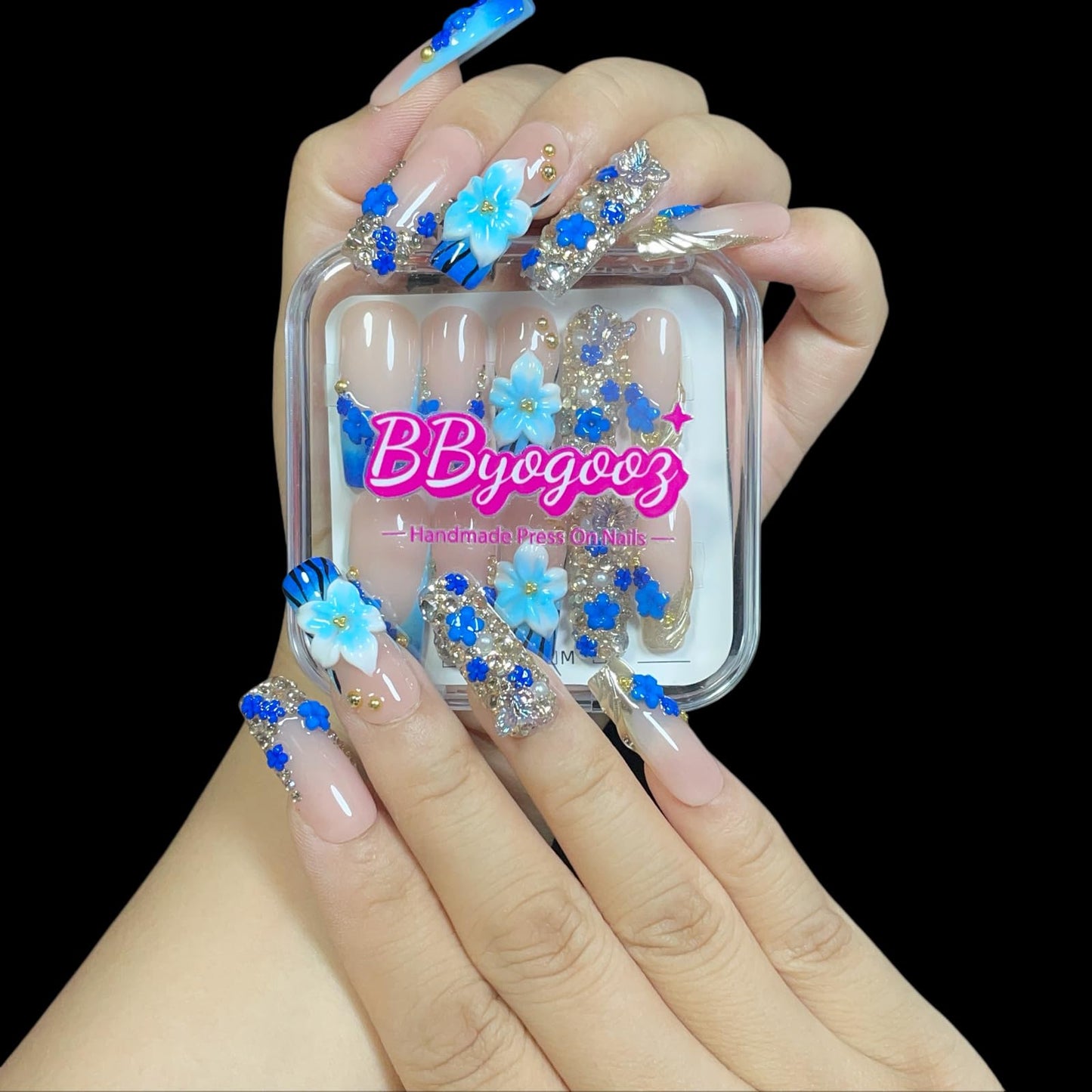 Handmade 3D Floral Press On Nails, Medium Long Square Shape, Blue Gradient with Rhinestones, Gold Beads, Reusable Acrylic False Nails (Blue enchantress, L)