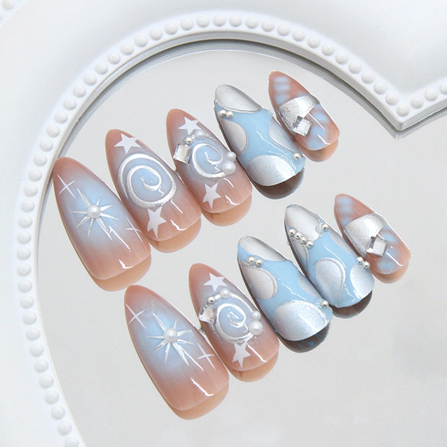 24Pcs Glitter Y2k Press on Nails Medium Almond Fake Nails Metallic Silver Star Irregular Lines Pearl Patterns French Press on False Nails Full Cover Glossy Acrylic Nails Stick on Goth Artificial Nail