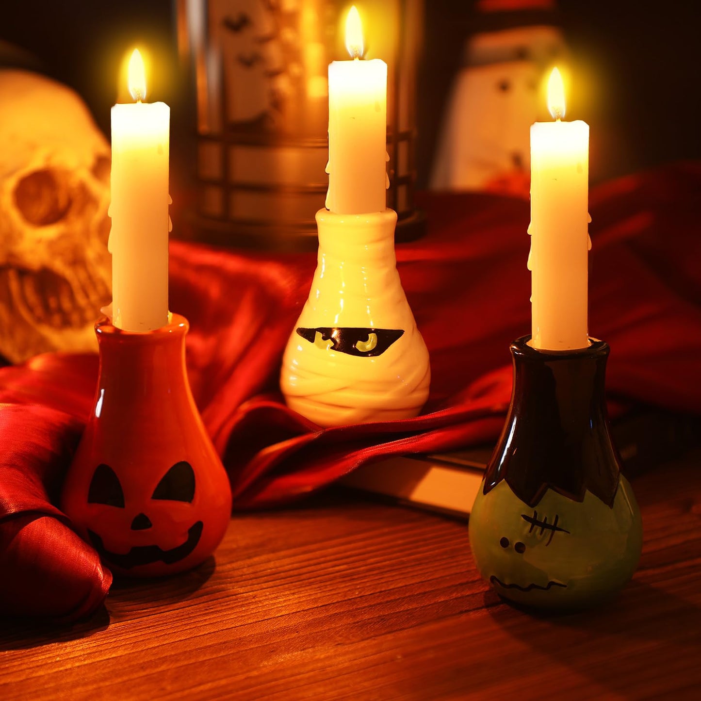 LemonRoad 3 Pcs Fun Halloween Candlestick Holders Pumpkin Wine Glass Candle Stick Holders Ceramic Taper Candle Holder for Halloween Party Holiday Office Home Decor Gift