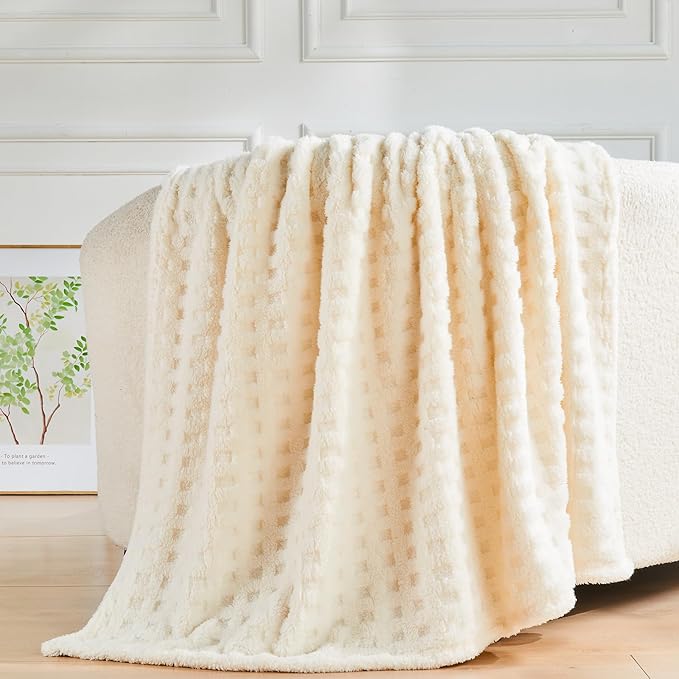 NEWCOSPLAY Super Soft Queen Blanket Ivory Premium Silky Flannel Fleece 3D Waffle Checkered Lightweight Bed Blanket All Season Use (Ivory, Queen(90"x90"))