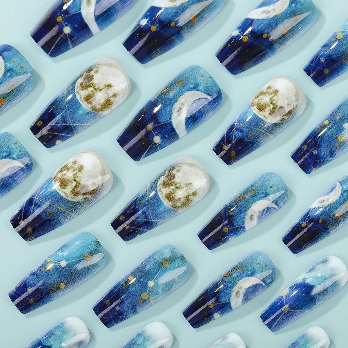Coffin Press on Nails Medium False Nails Blue Gradient Fake Nails with Night Sky Designs Cute French Tip Acrylic Nails Reusable Glue on Nails Glossy Full Cover Stick on Nails for Women Girls 24Pcs