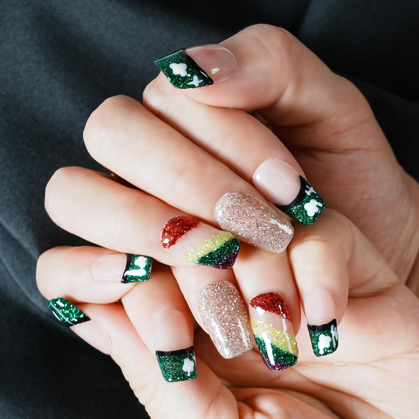Tesytto Medium Square Press On Nails, Nude with Green Glitter French Tips and Hand-Painted White Clover, Rainbow Glitter Gradient Thick Acrylic Nails (Size S)