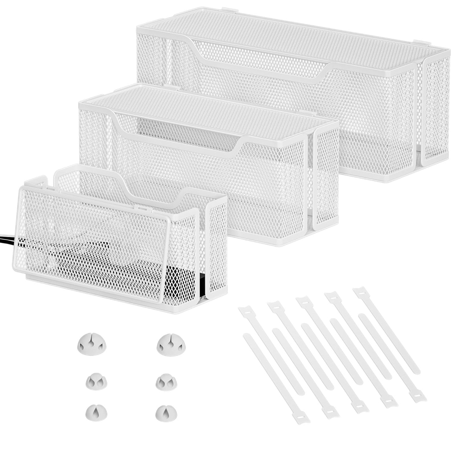 3 Pack Cable Management Box, Metal Mesh Cord Organizer Box for TV Wires, Electrical Hiding, Power Strip – Under Desk Cable Storage Box with Cable Clips&Reusable Cable Ties for HomeOffice - White