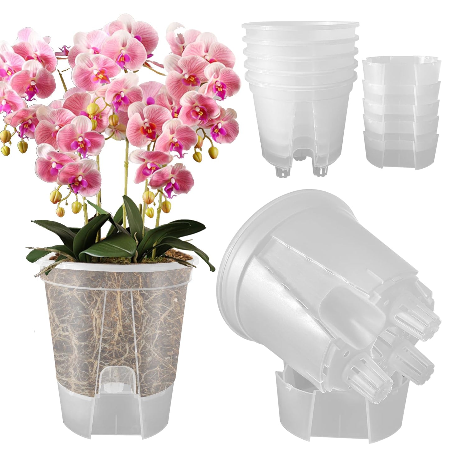Cdd's Path 5-Pack 6 Inch Self Watering Naked Root Planter Pots with Drainage Holes & Reservoir, Plastic Planters with Air Pipes for Indoor Outdoor Plants，Clear