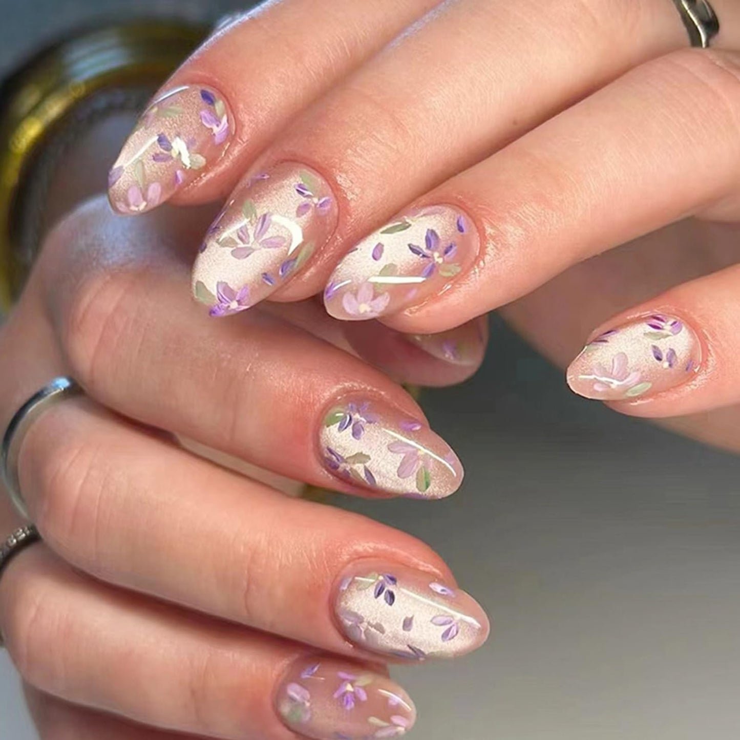 Spring Press on Nails Almond Medium Fake Nails with Designs Purple Flower Stick on Nail Glitter Acrylic False Nail Cute Artificial Nail Press ons Glossy Full Cover Glue on Nails for Women 30Pcs