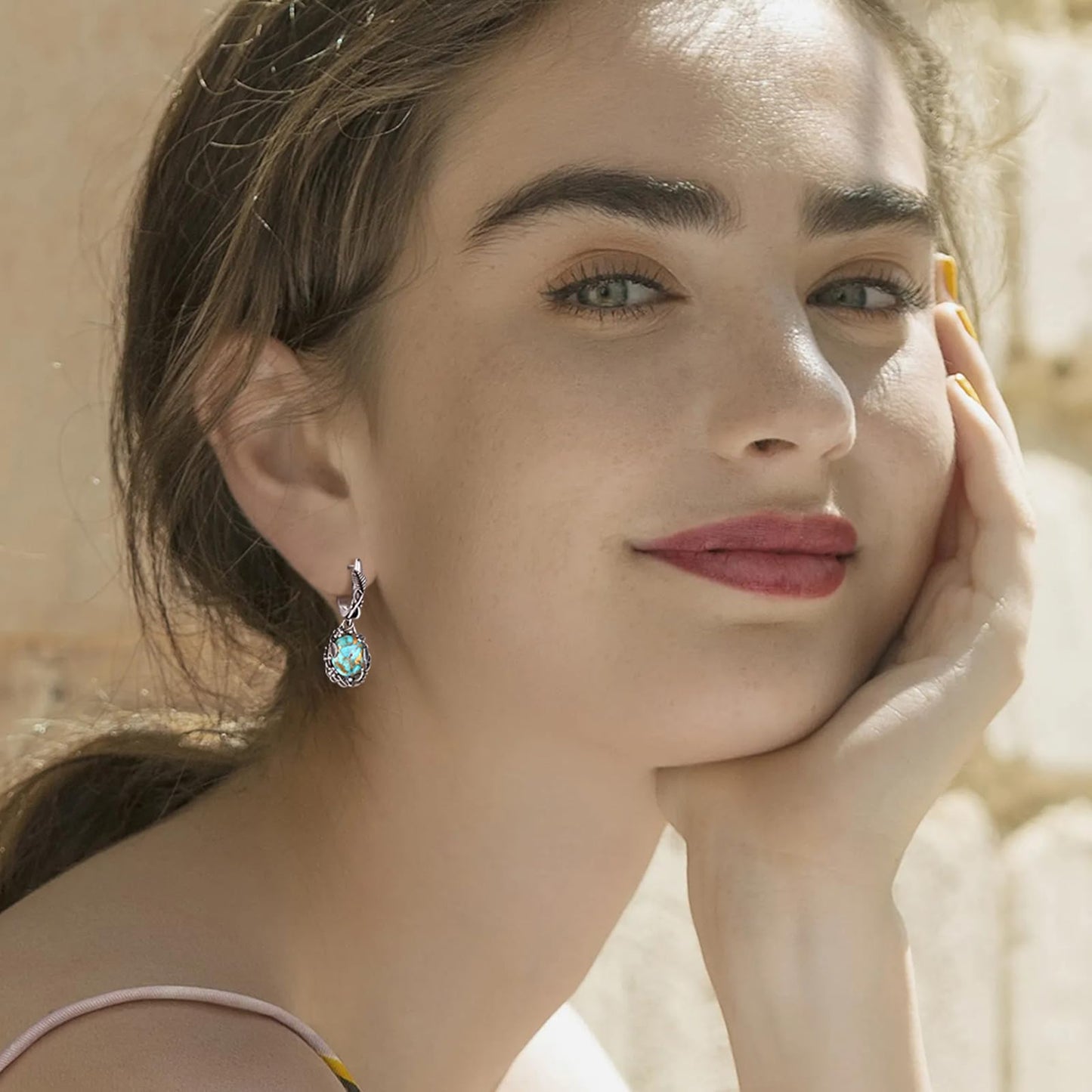 Phyonio Teal Oval Turquoise Dangle Earrings for Women Leaf Vine Flower Latch Back 925 Sterling Silver Earring Vintage Oxidised Boho Jewelry Valentines Day Gift for Wife