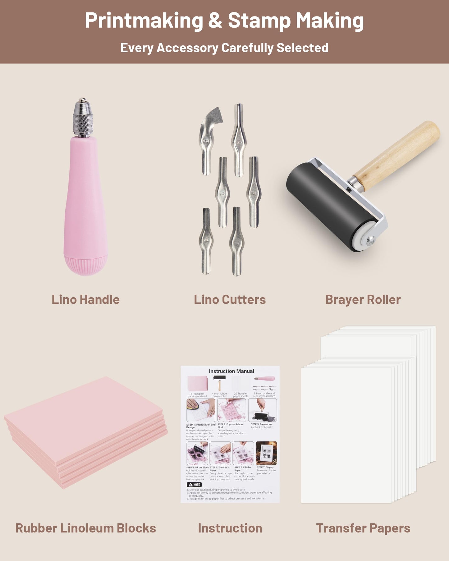 Linocut Tools Kit, Block Printing Kit, Stamp Carving Kit with 5 Soft Rubber Linoleum Blocks 4" x 6", Lino Cutting Tools, Brayer, 20 Transfer Papers, Carving Knife with 6 Blades