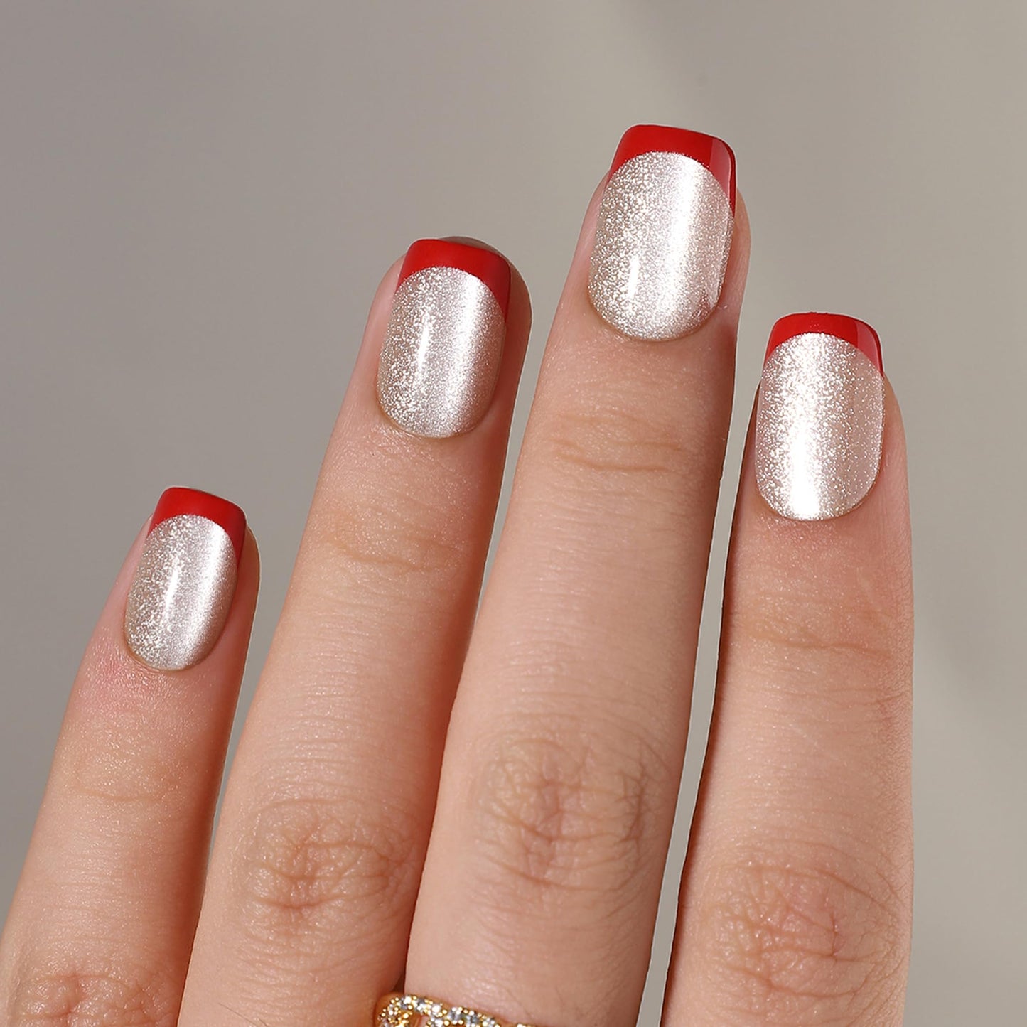 WAFOLOZE French Tip Press On Nails - Golden Cat's Eye Fake Nails with Red French Designs, Glue On Nails Short, Artificial Nails 16 Sizes - 32Pcs Reusable Soft Gel False Nails Tips Kit