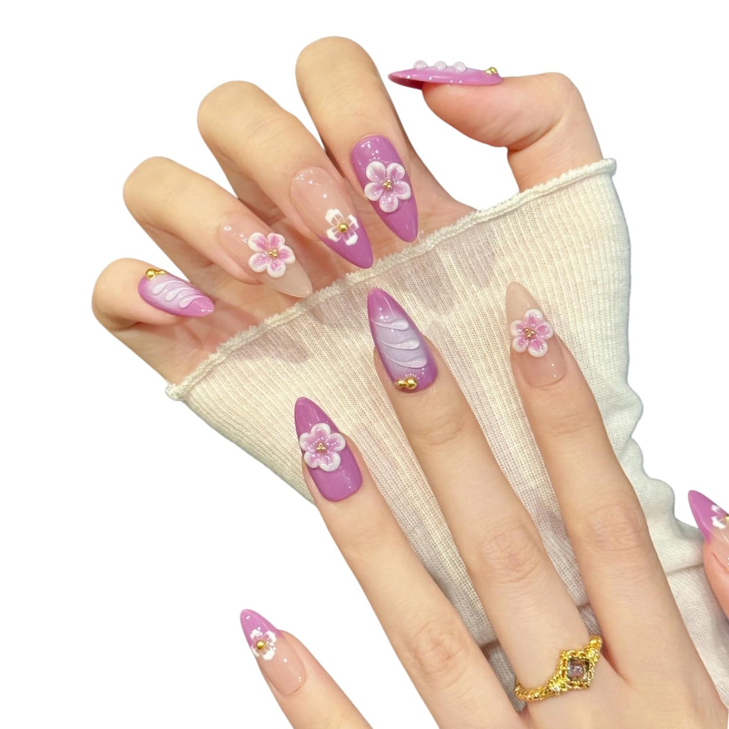 Tesytto Handmade Press on Nails Almond Shape Glossy Reusable False Nails for Nail Art (Purple Dream, L)