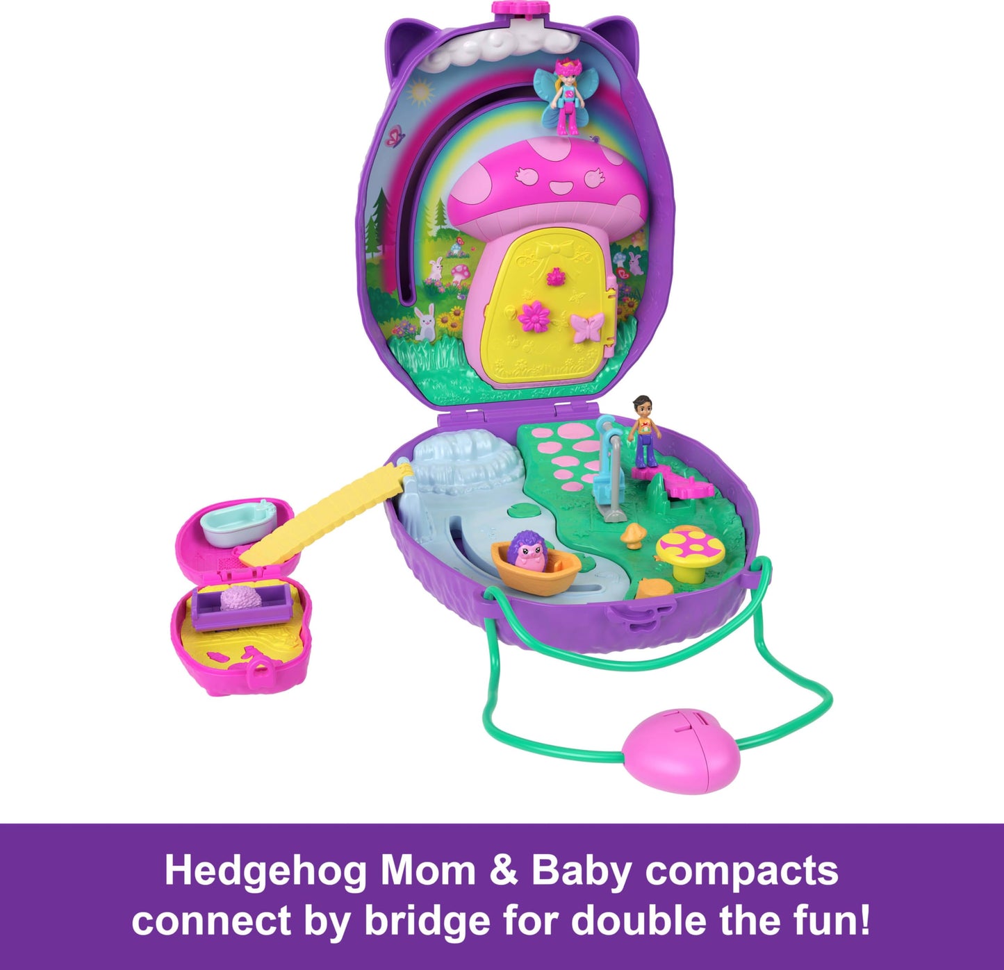 Polly Pocket 2-in-1 Travel Toy with 2 Micro Dolls and 16 Accessories, Hedgehog Purse Playset with Pet Theme