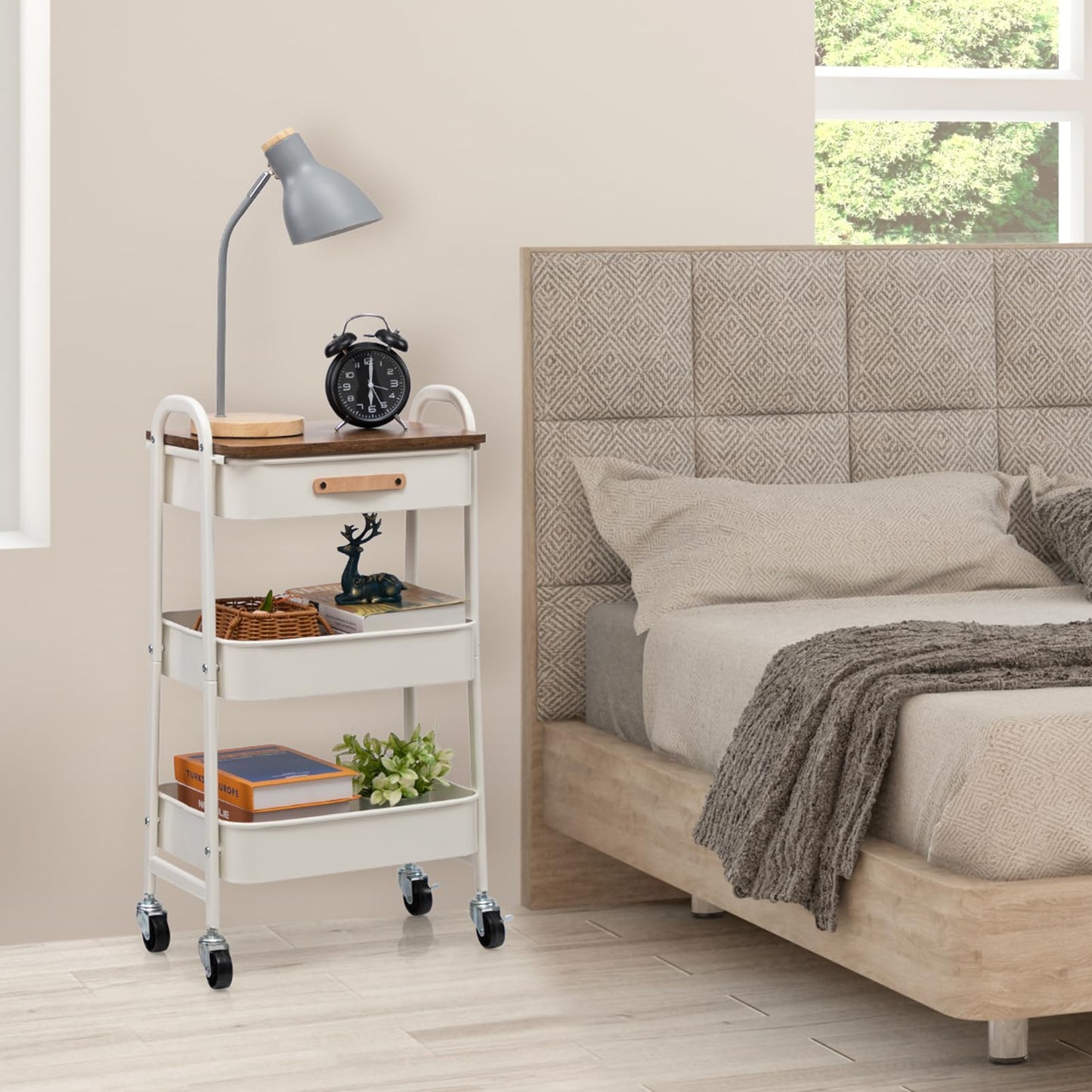AGTEK 3 Tier Rolling Utility Cart Organizer with Drawer, Metal Craft Cart with Wheels for Bathroom, Kitchen, Office, Nursery Diaper, White