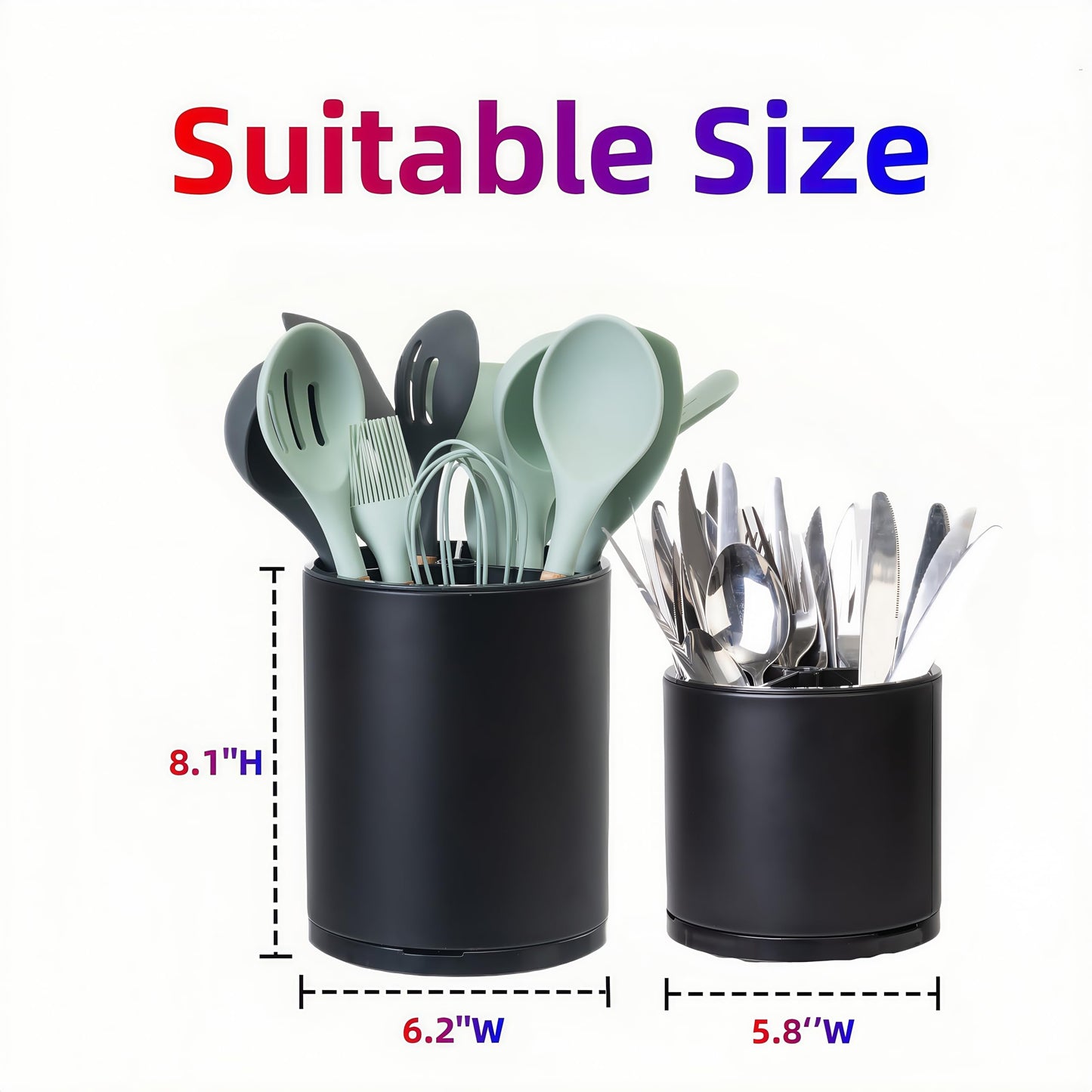 LIBODOUR Kitchen Utensil Holder Extra Large Rotating For Counter Organizer Stainless Steel Storage Cooking Silverware Caddy 3 Compartment Flatware Spoon Spatula Tool Cutlery Container（2 Set Black）