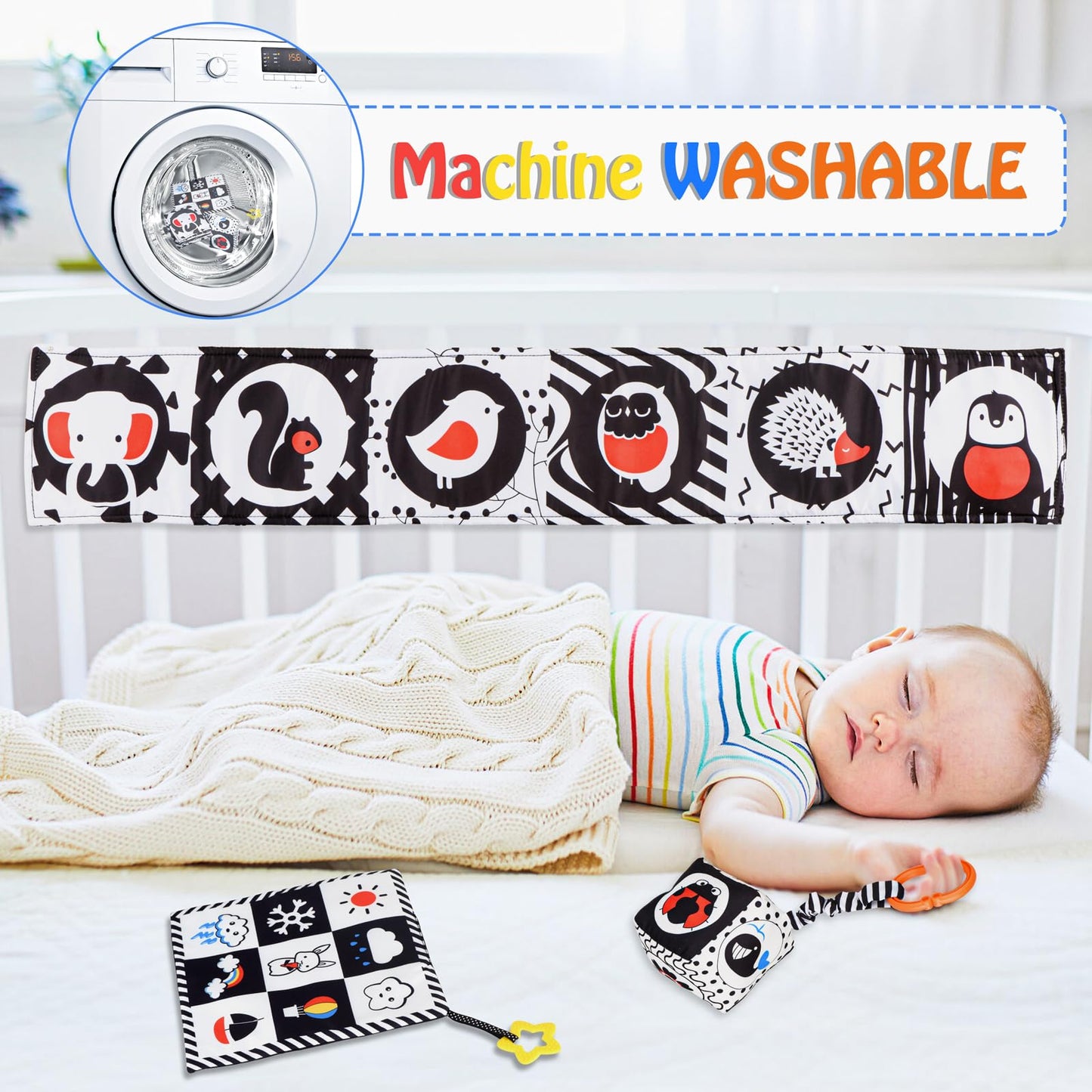 SAMMAS 3 Pcs Black and White High Contrast Baby Toys 0-6 Months for Newborn, Babies Sensory Soft Book for Early Education, Infant Tummy Time Cloth Book, Montessori Toys for Babies
