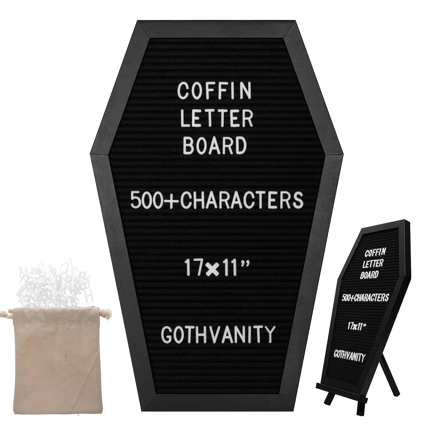 Gothvanity Gothic Coffin Letter Board - 500+ Characters Changeable Black Decor, Wooden 17x11 Inches, Table Top & Wall Mount for Home Office School
