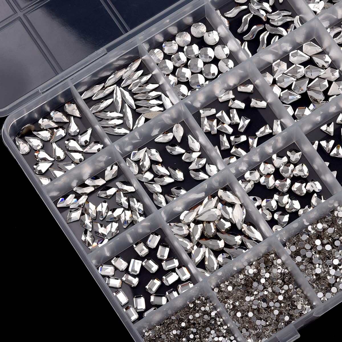TEEKME 24-Grid Glass Nail Rhinestones Kit for Nail Art & Salon, 2800+pcs Clear Flat Back Crystals, 18 Shapes & 6 Sizes Diamonds for DIY, Acrylic & Gel Nails, with Tweezers