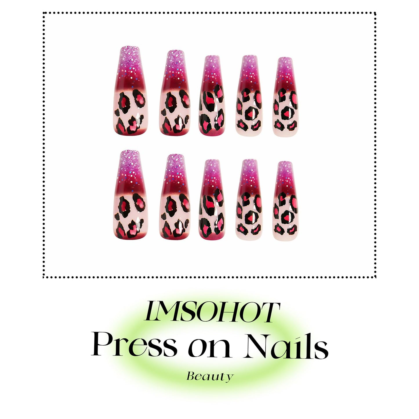 IMSOHOT Pink Press on Nails Long Coffin Fake Nails Leopard Print Designs Full Cover Glossy Glitter Gradient Acrylic Ballerina Stick on Nails for Women 24Pcs