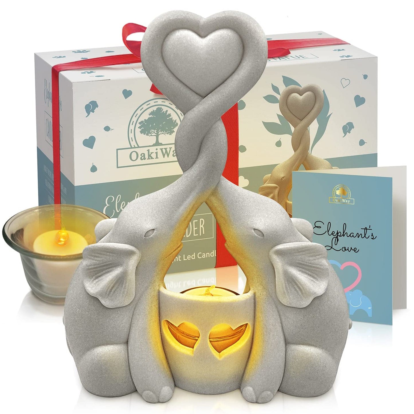 Elephant Love Candle Holder Statue - Elegant Gift Home Decor for Women Living Room or Bedroom - Flickering LED Candle Included - Ivory 14th Anniversary, Couples, Parents Valentine's Present
