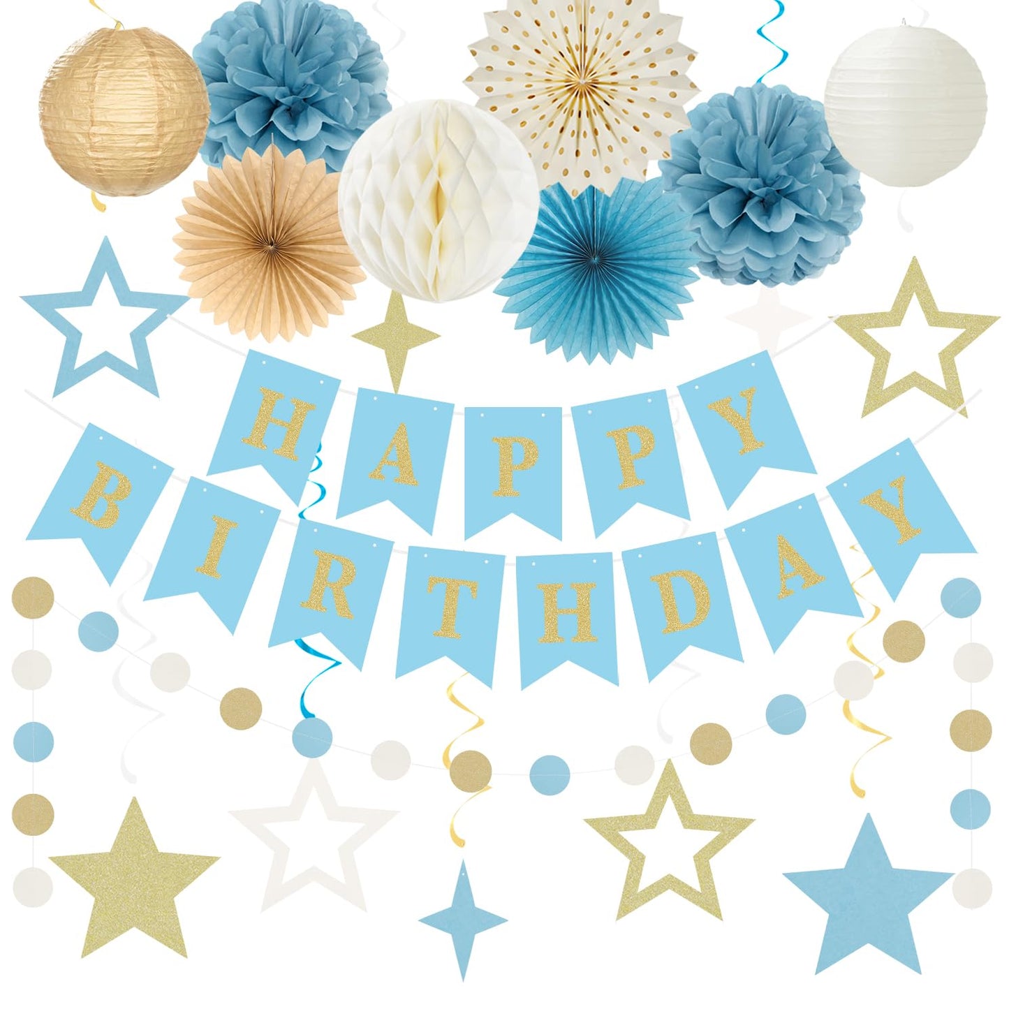 Light-Dusty Blue Beige-Champagne Birthday Party-Decorations - 19pcs Boho Neutral Streamers Banner,Paper Star Garland Lanterns Honeycomb Fan,Tissue Pom Poms,Wall Ceiling Backdrop Supplies Ouruola