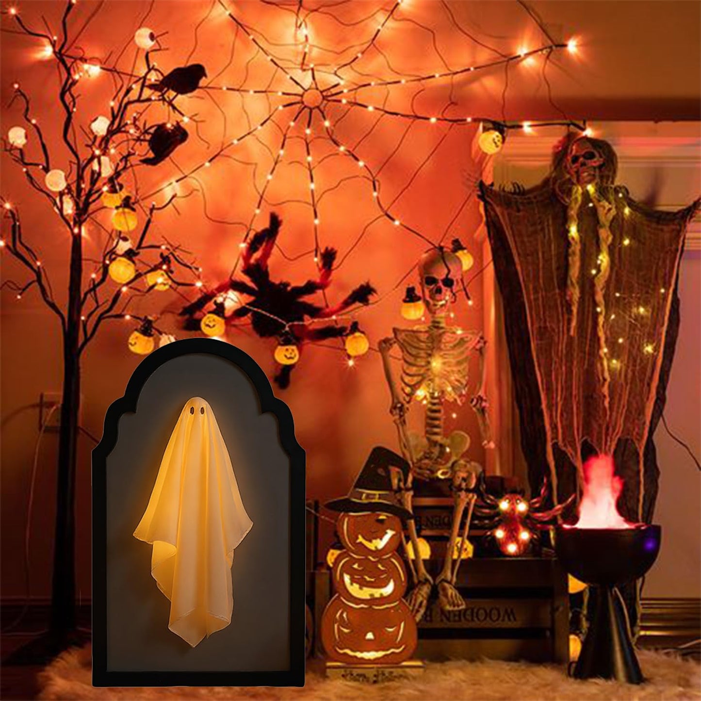 QIPECO Halloween Hologram Ghost Mirror with Creepy Eyes Night Light,Halloween Ghostmirror Spooky Halloween Haunted House Decor,Black Wood Frame (L)