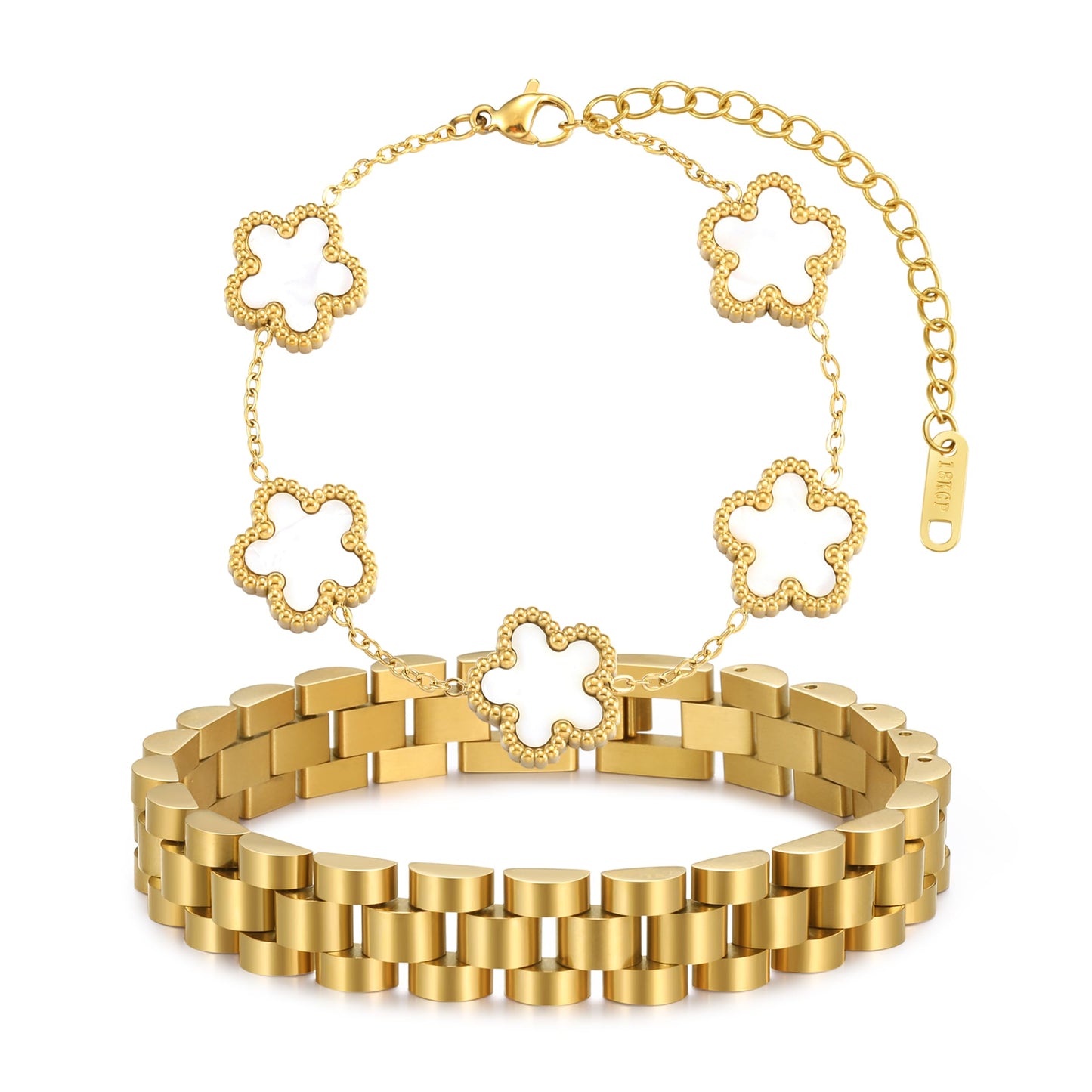 YOQ Stackable Four Leaf Clover Bracelets for Women, 18K Gold Plated Love Bangle Bracelets Set, 2 Pcs Charm Jewelry Gifts (White 2Pcs-W)