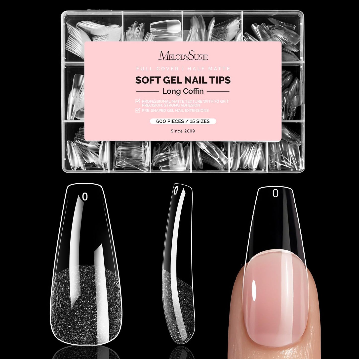 MelodySusie Long Coffin X Nail Tips - 600Pcs 15 Sizes Clear Acrylic, Half Matte Full Cover Press on Nails for DIY Extension & Salon Use, Pre-Shaped for Long-Lasting Manicure