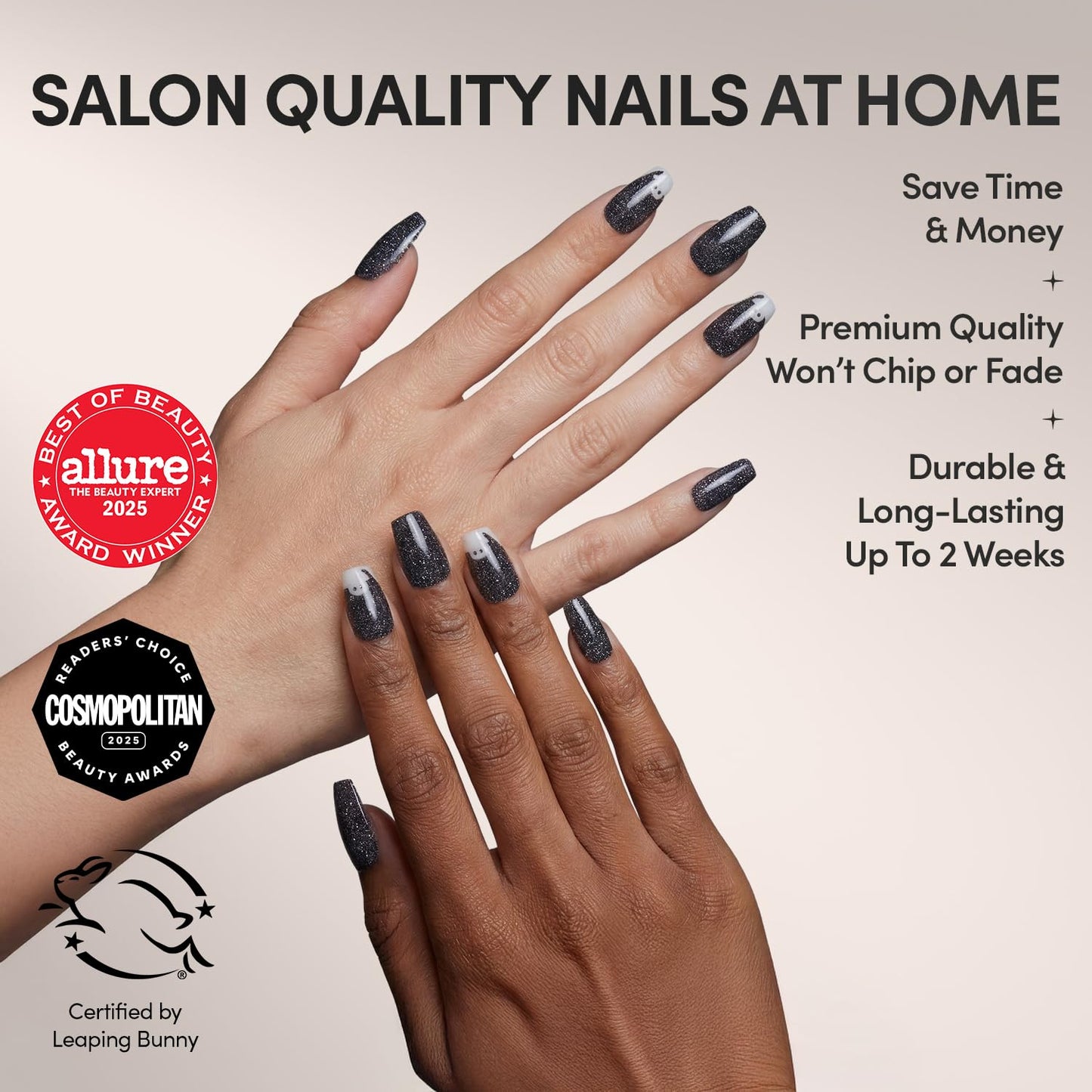 Glamnetic Press On Nails - Phantom Glow | Opaque Black Glitter & Glow-in-the-Dark Ghost Medium Coffin Fake Halloween Nails, Salon Quality | 15 Sizes - 30 Nail Kit