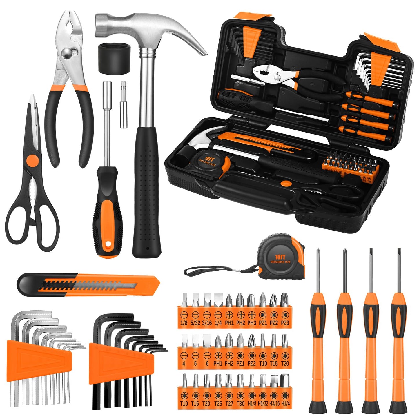 GETFOO 58-Piece Tool Kit Basic Home Repair Tool Set, General Household Hand Tool Kit,Small Tool Kit with Plastic Toolbox Mini Tool kit for Women, Office & College Repairs Orange