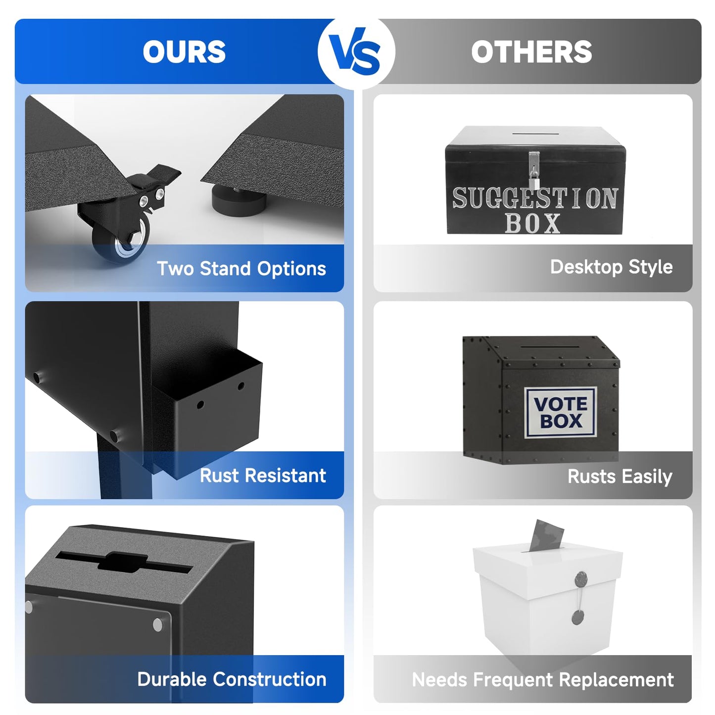 Freestanding Ballot Box Collection with Silent Caster Wheels: Secure and Versatile for Office, Charity, and Events – Includes Lock and Large Slot, Functions as Donation, Suggestion, and Offering Box.