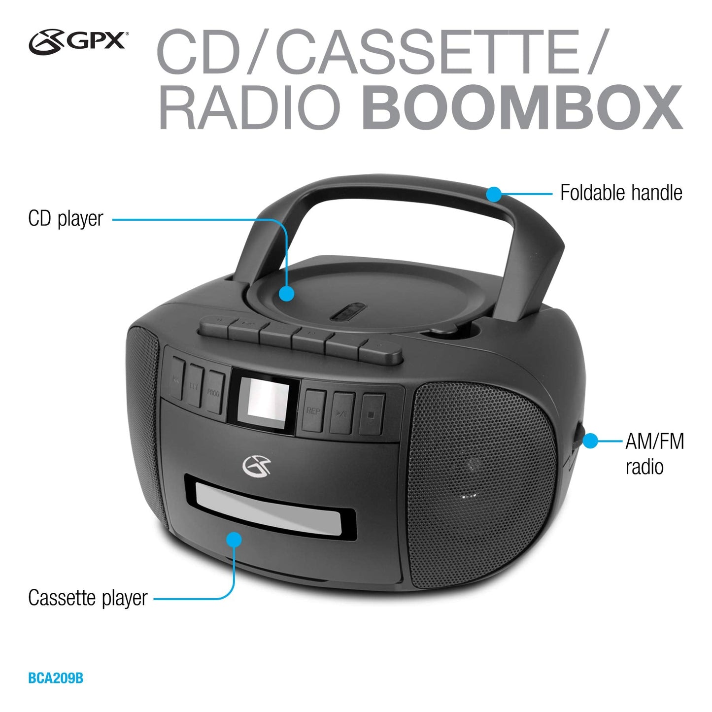 GPX BCA209B Portable Am/FM Boombox with CD and Cassette Player, Black