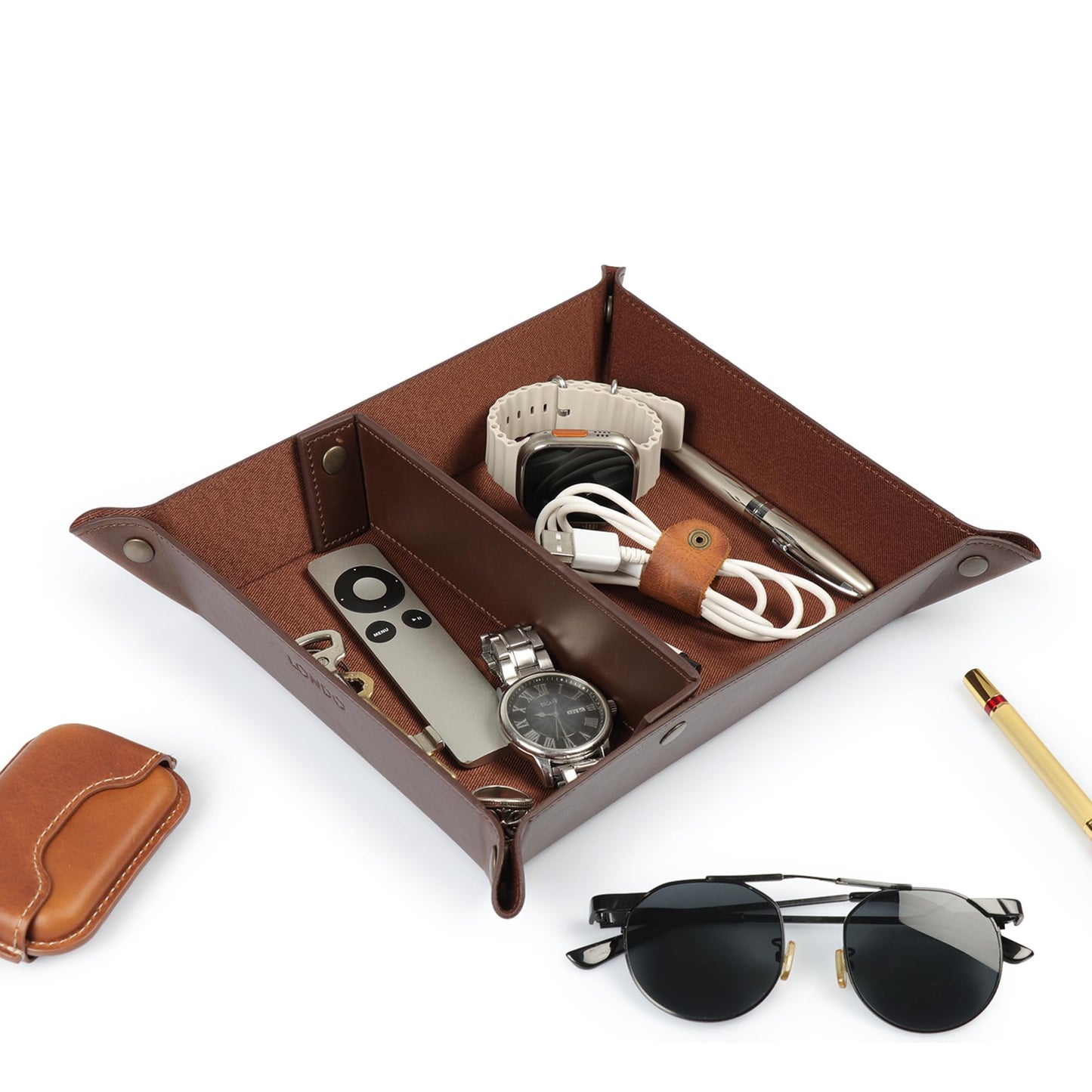 Londo Leather Tray Organizer - Practical Lightweight Water Resistant Computer Table Desk Storage Box for Wallets, Watches, Keys, Coins, Cell Phones and Office Equipment