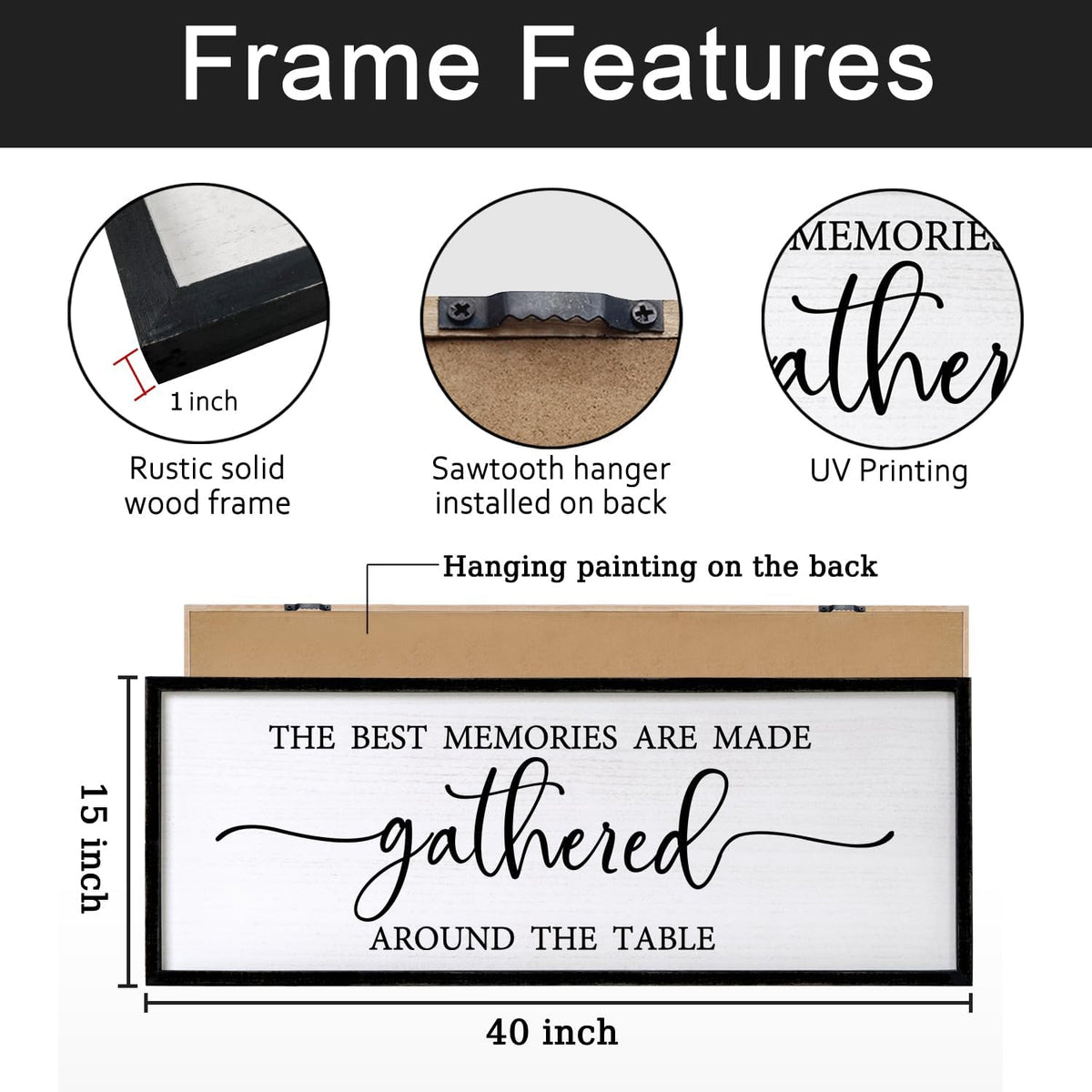The Best Memories are Made Gathered Around The Table Sign Framed Wall Art, 40''×15'' Rustic Horizontal Plaque with Black Frame for Dinning Living Room, Long Home Family Wood Sign Wall Decor