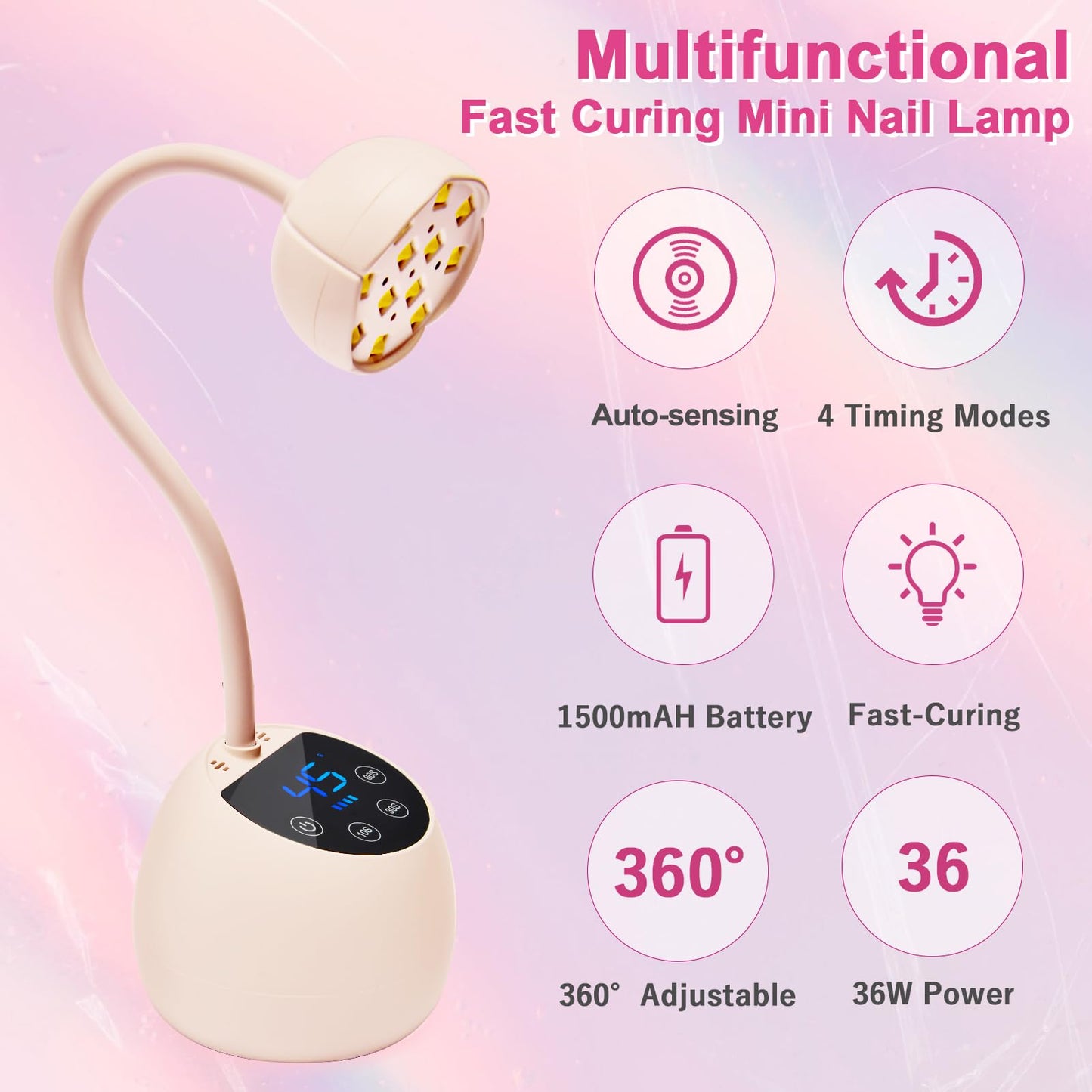 CGBE UV LED Nail Lamp, 36W Mini Cordless Flash Cure Lamp, USB Rechargeable Goosenecks LED Nail Light for Gel Nails with 4 Timers & Auto Sensor for Salon Home DIY Use, Pink