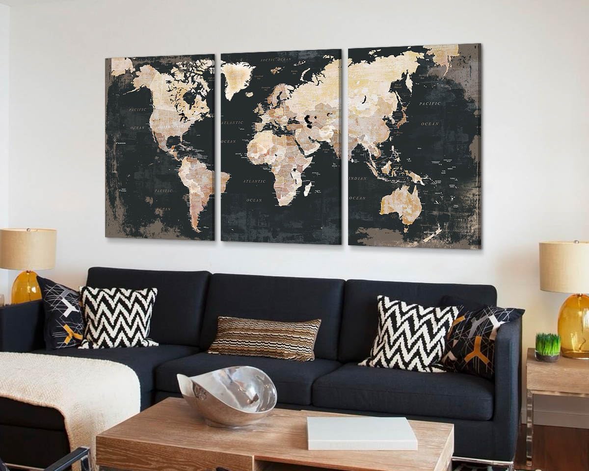 Elixart Wall Decor Living Room Canvas Wall Art Framed Black Kitchen Pictures Office Decorations For Work Vintage Home Decor Map Artwork Painting Oversize Large