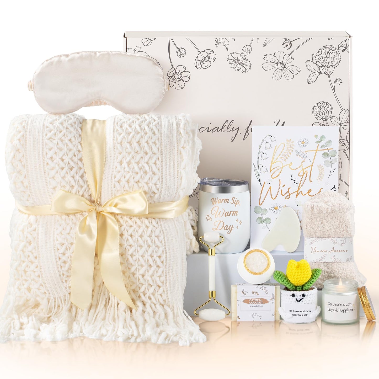 Get Well Soon Gift Basket for Women, 11 Pcs Self Care Package for Girls, Birthday Gifts, After Surgery Gift, Thinking of You Thank You Gift with Spa Gift Set, Crochet Flower & Insulated Tumbler Gifts