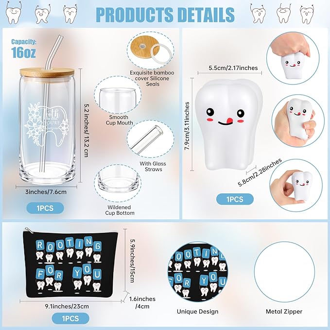 Sliner 3 Pcs Dental Nurse Gifts Dental Hygienist Gift 16 oz Glass Cups Makeup Bag Teeth Stress Toy for Women Coworkers Nurse Assistant Retirement Graduation Birthday Christmas Dentist Gift(Black)