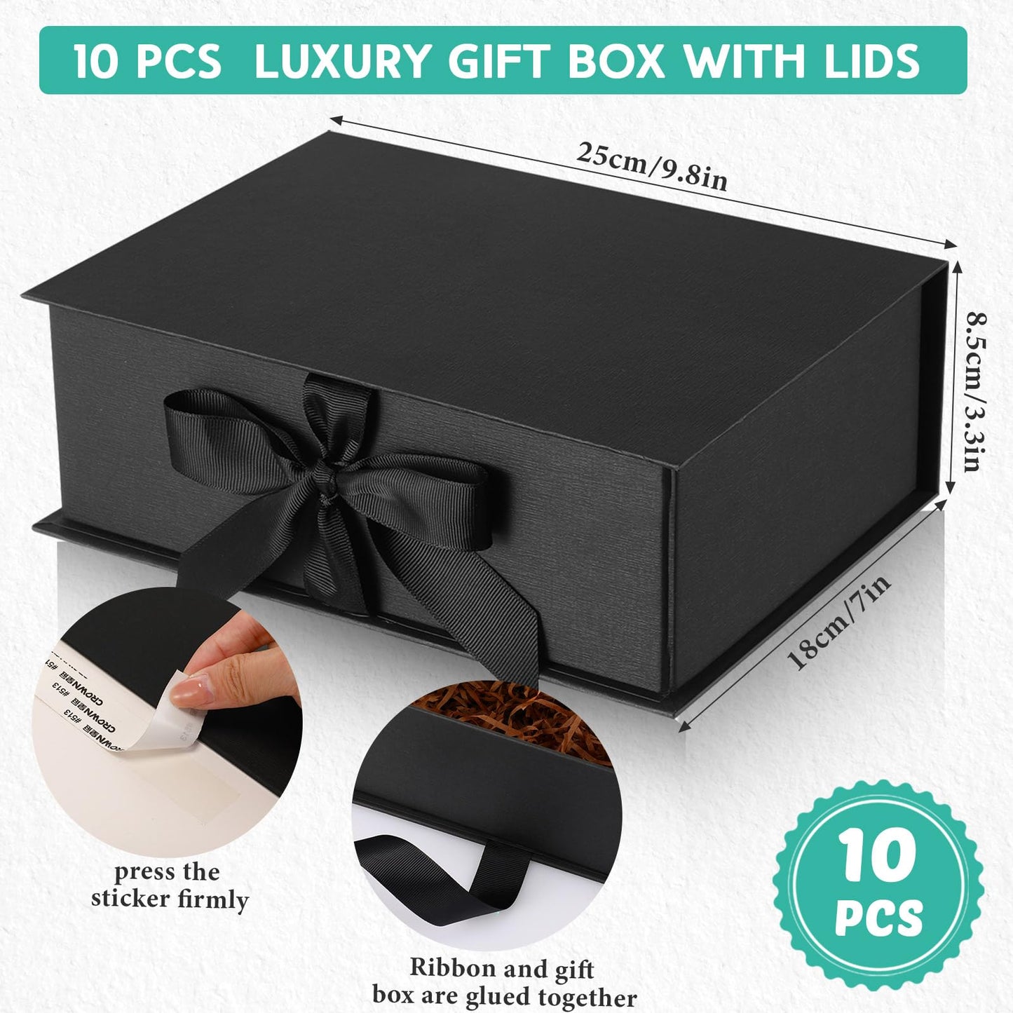 Jetec 10 Set 9.8 x 7 x 3.3 Inch Luxury Gift Boxes with Lids and Ribbon Paper Bags,collapsible Present Box for Birthday Wedding Proposal Valentines Day(Black)