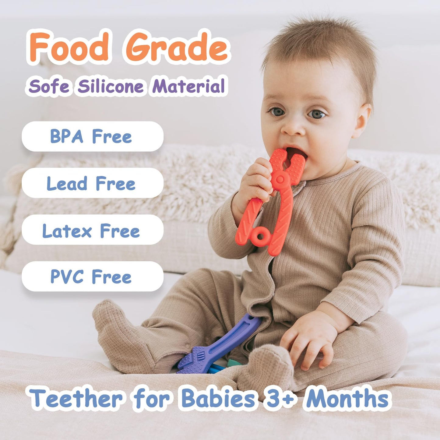 Yoolane Baby Teething Toys, Silicone Teether for Babies 3 6 12 18 Months, Tools Set Baby Teether Sensory Chew Toys for Toodler Infant, Newborn Stuff Essential Gift, BPA Free (4 Pieces)