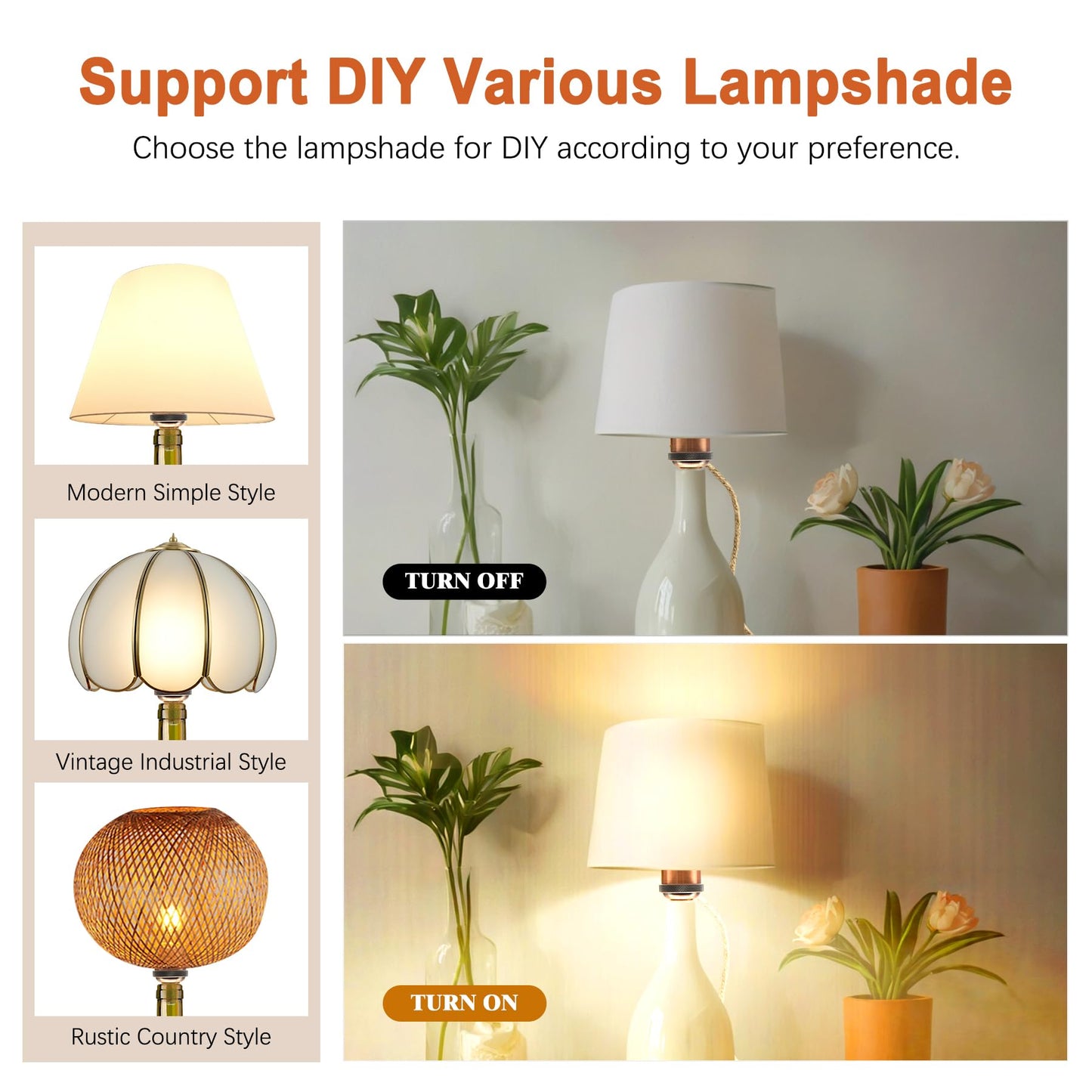 Bottle Lamp Kits, 2 Pack Bronze Bottle Lamp Adaptor Kit, Lamp Kits Do it Yourself, E27 Ceramic Lamp Holder with 95 in Plug and Switch, Brass Table Lamp Kit, Lamp Making kit, with 3 Sizes of Stoppers