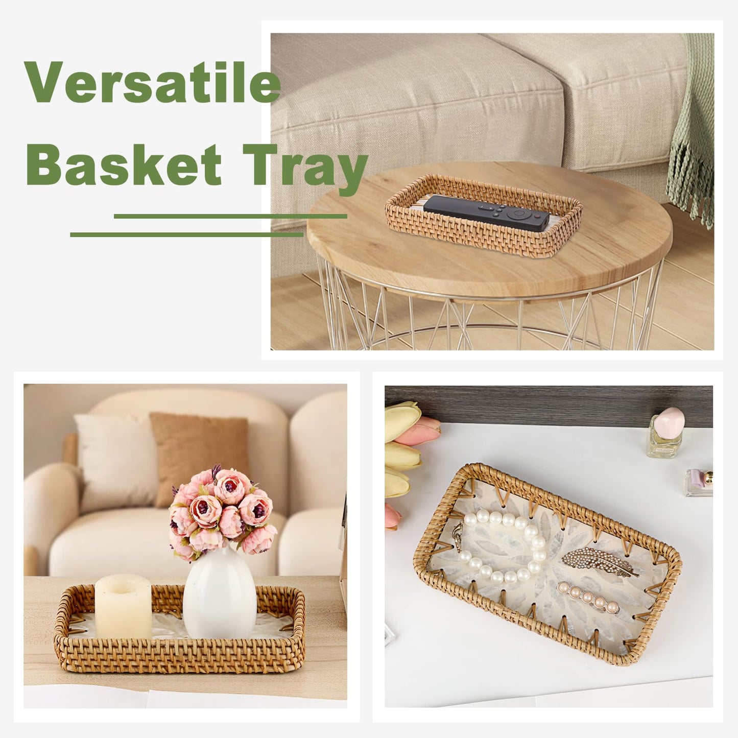GUSHBIN Decorative Key Basket for Entryway Small Handwoven Rattan Tray Rectangular Key Holder Tray Wicker Basket Organizer for Keys Remote Control Jewelry, White