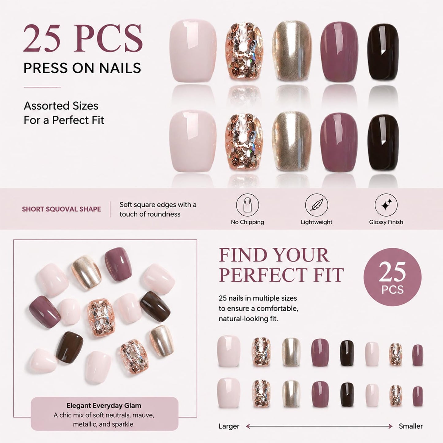 COOLYOUNG 25PC Short Glitter Press On Nails Soft Gel Acrylic Blush Pink Black Mix Reusable Fake Nails