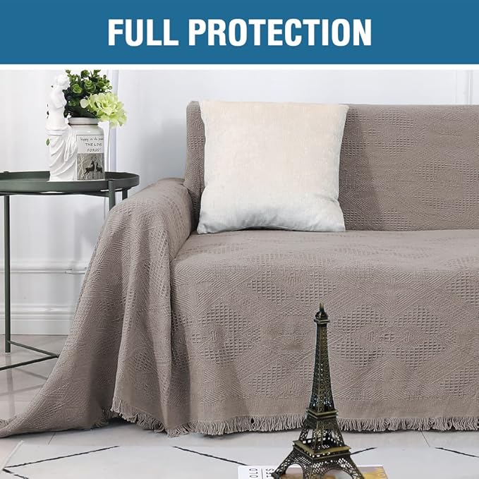 H.VERSAILTEX Cotton Sofa Covers Couch Cover Sofa Slipcover for Most Shape Sofas, Feature Thick Woven Jacquard Seamless with Tassels, Multi-Use Decorative for Couch (X-Large: 71" x 118", Sand)