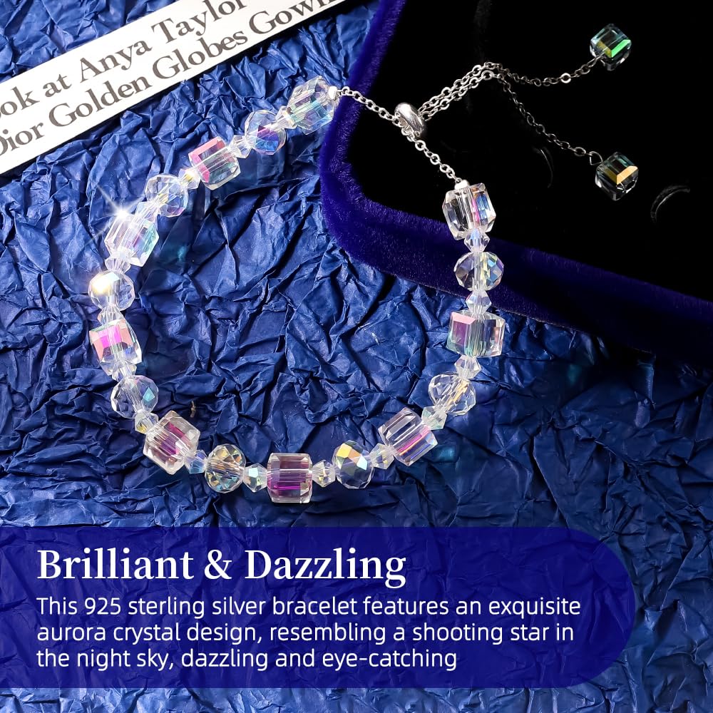 HANGINTHERE Crystal Bracelets for Women, Adjustable 925 Sterling Silver Beaded Bracelet, Sparkling Gift for Birthday Christmas