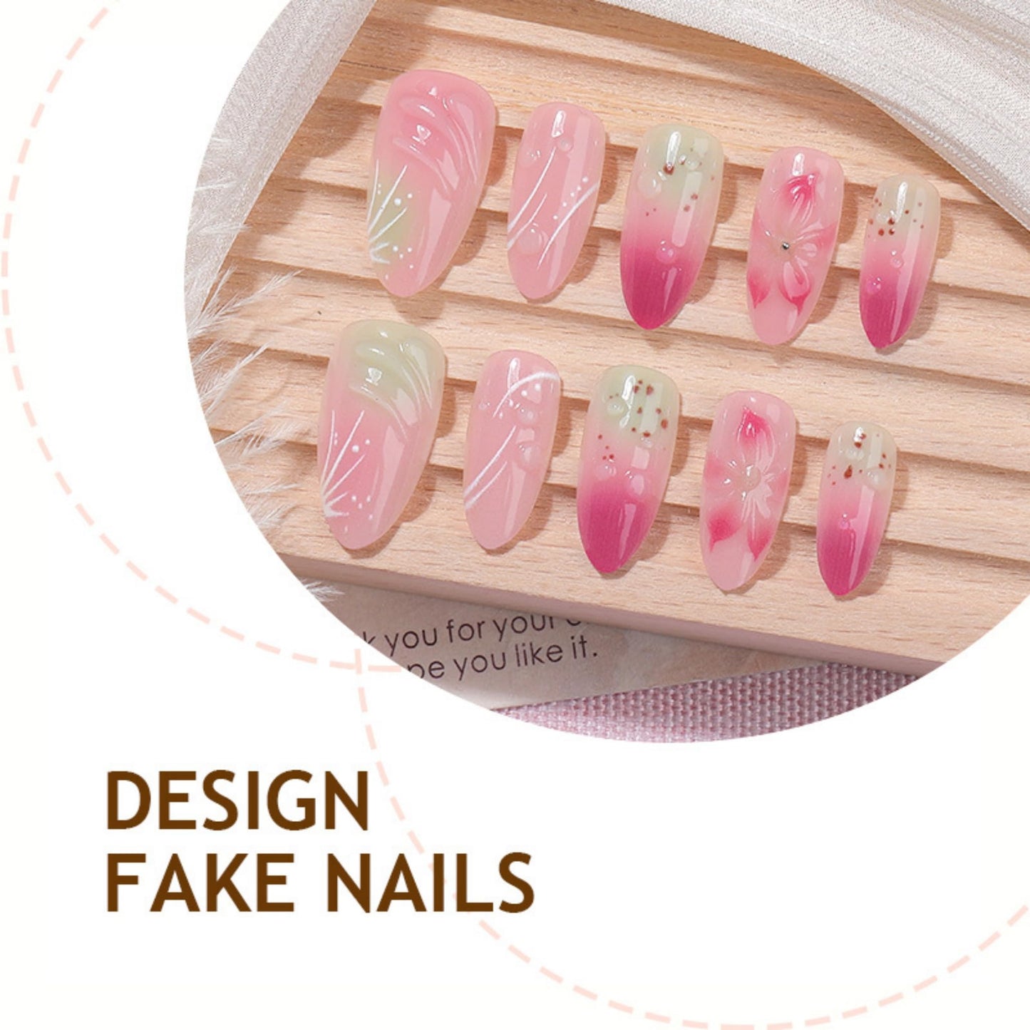 Medium Press on Nails Almond Fake Nails Pink Artificial Nail 3D Flower Gradient Water Drop White Line Glossy Sweet Floral Ombre Design Stick on Nail for Women 24pcs