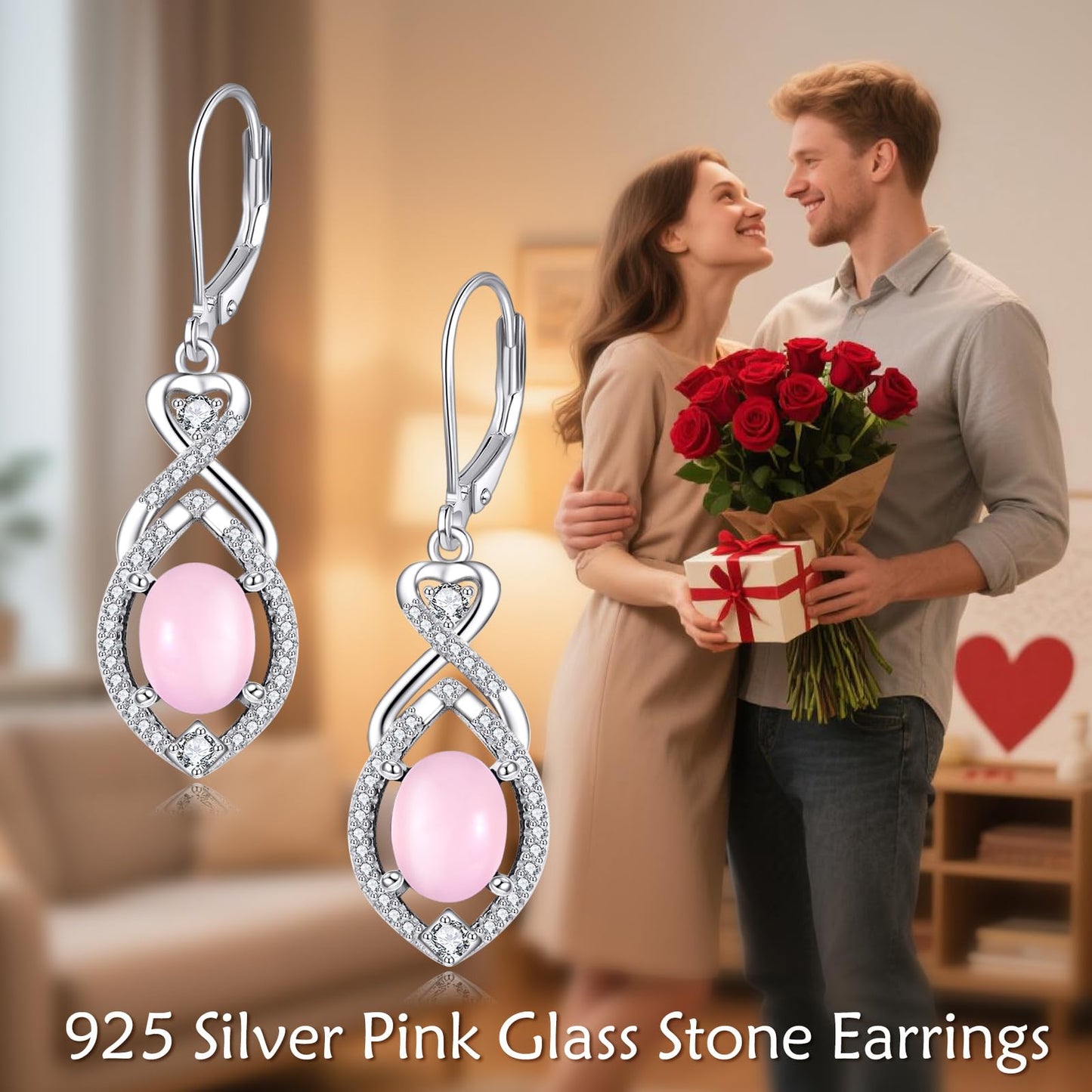 Pink Drop Earrings Sterling Silver Infinity Leverback Boho Earrings Pink Stone Dangle Earrings Jewelry Christmas Gifts For Women