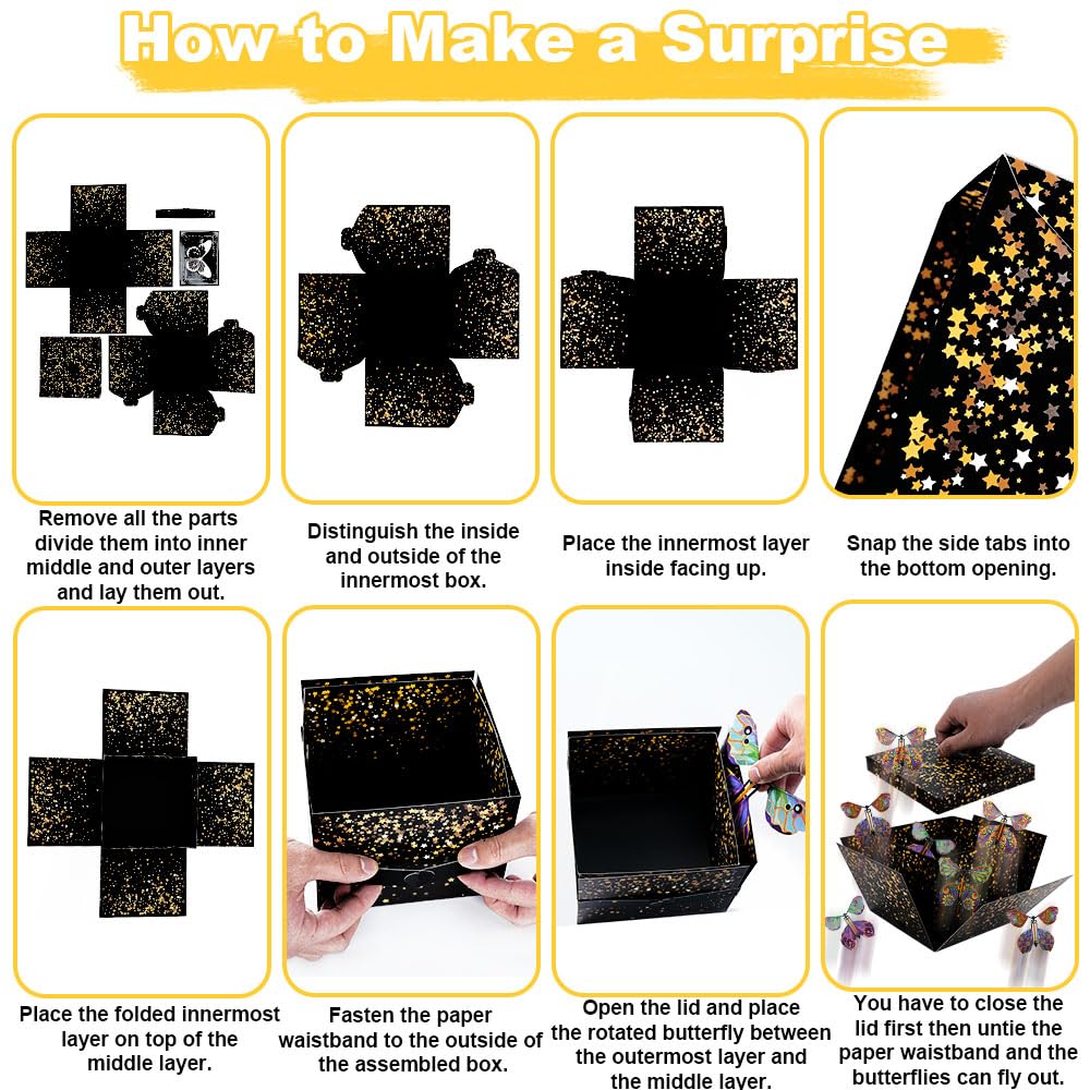 WCHOSOZH Surprise Explosion Gift Box with 4Pcs Flying Butterflies, Exploding Gifts Box with Congratulation Card, Butterflybirthday Surprise Boxes for Birthday Wedding Anniversaries Party Mothers Day(Black)