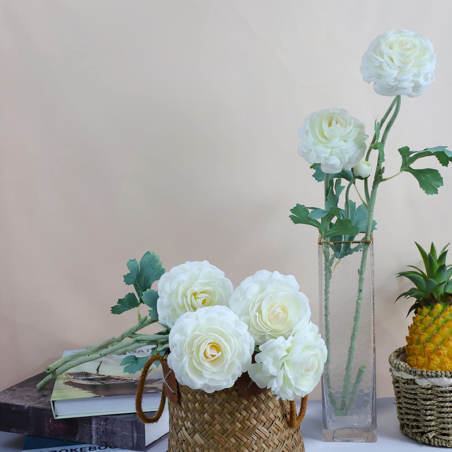 GLSATEMAN Artificial Ranunculus Long Stem Buttercup Silk Flowers 6pcs for Home Decor and Wedding Decorations(White 1)