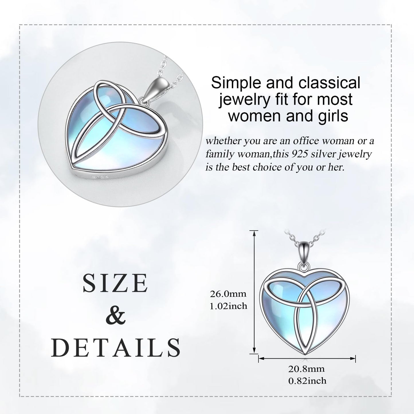 YAFEINI Moonstone Celtic Trinity Necklace 925 Sterling Silver Triangle Knot Heart Pendant Necklace Jewelry Gift for Women (W-Moonstone Celtic Trinity Necklace)