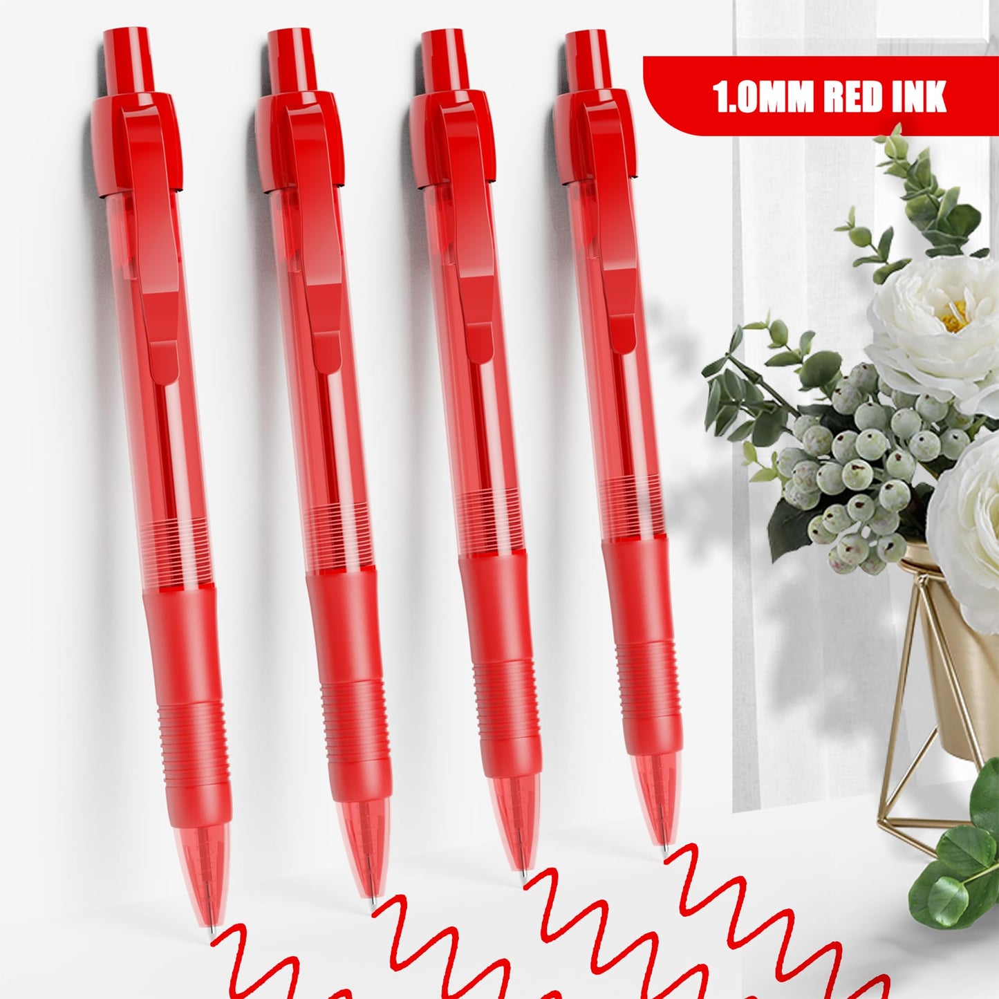 deegtran Pens Bulk, 50 Pack No Bleed Red Ink Click Pens with Soft Grip, Wholesale Retractable Ballpoint Pens for Office School, Medium Point Smooth 1.0MM